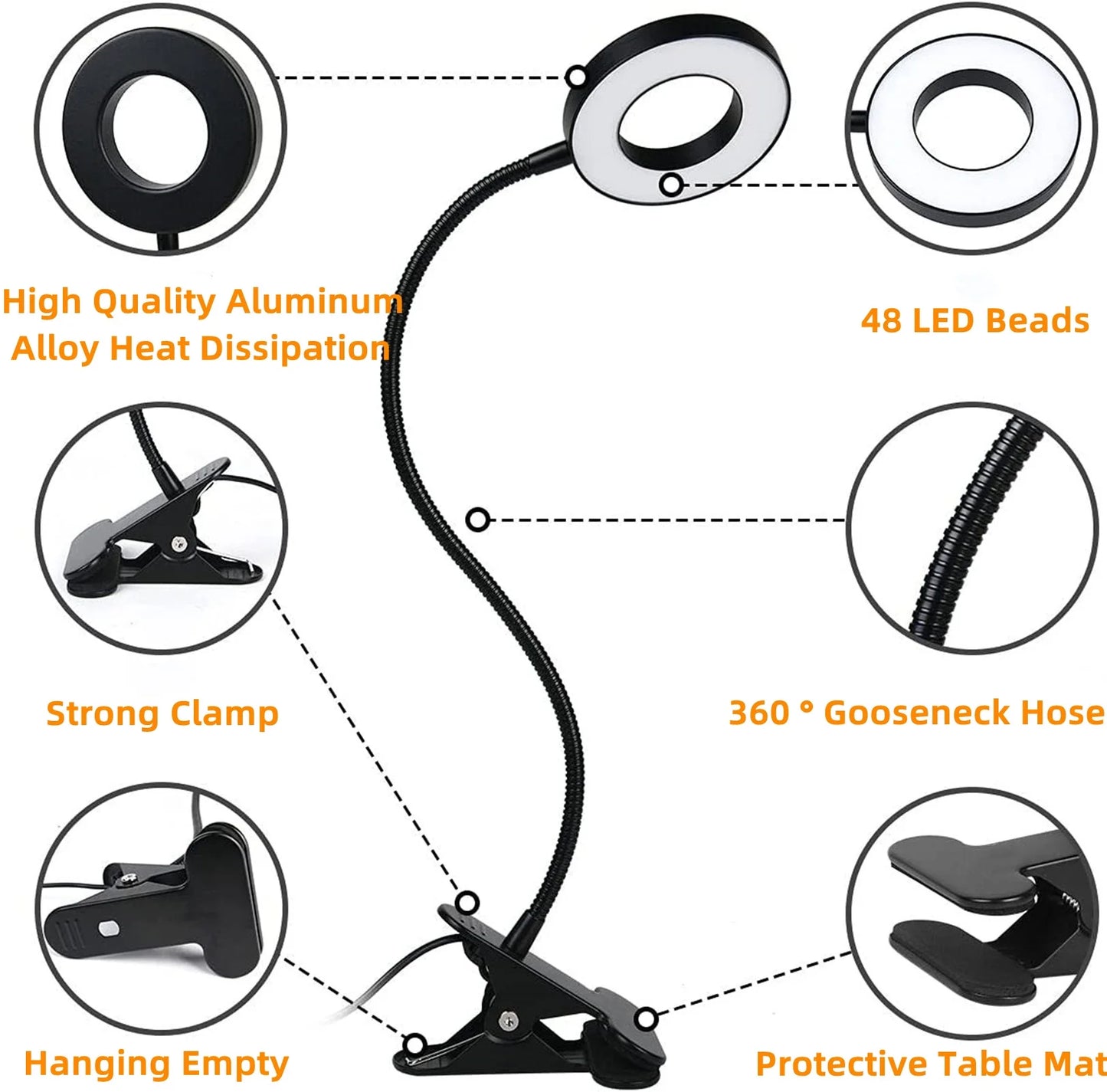 Clip on Light Reading Lights , 48 LED USB Desk Lamp with 3 Color Modes 10 Brightness, Flexible USB Clamp Bedside Lamp, Eye Caring Book Light for Studying/Working/Gaming (Black)