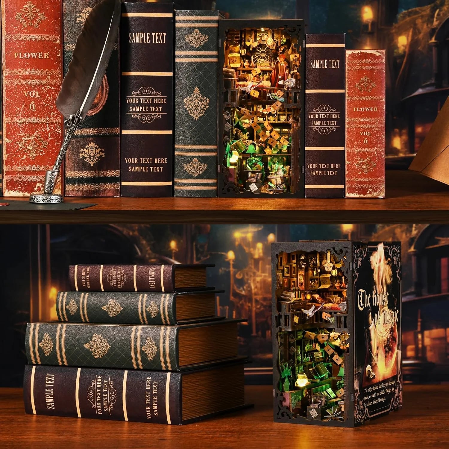 Book Nook Kit, DIY 3D Wooden Puzzle Booknook Bookend Miniature Dollhouse, Book Nook Kits for Adults, Bookshelf Insert Alley Home Decor with LED Light (The House of Magic)