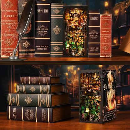 Book Nook Kit, DIY 3D Wooden Puzzle Booknook Bookend Miniature Dollhouse, Book Nook Kits for Adults, Bookshelf Insert Alley Home Decor with LED Light (The House of Magic)