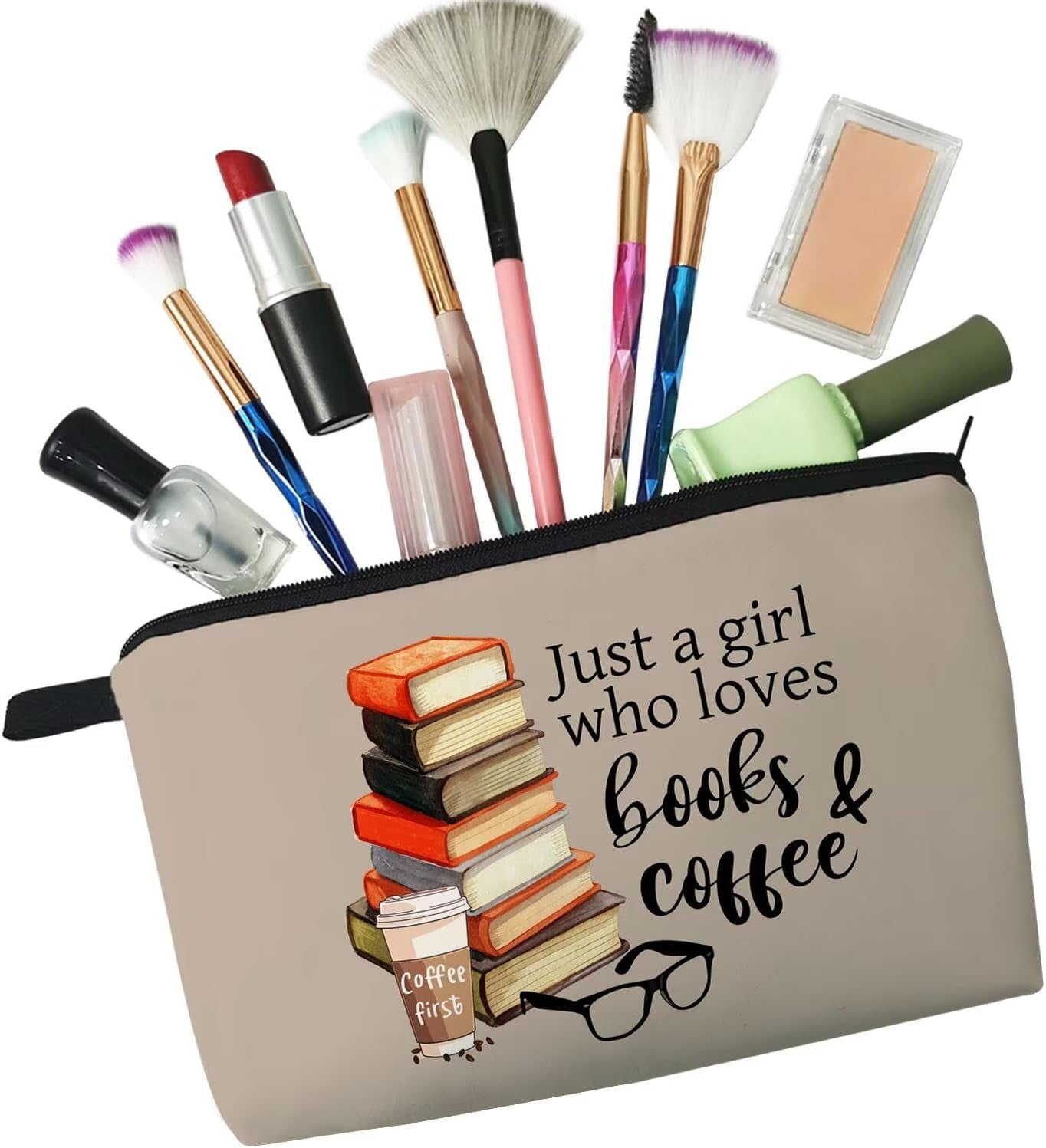 Just Love Books and Coffee Makeup Bag Small Organizer Zipper Pouch Simple Books Coffee Cosmetic Bag Present for Coffee Lovers Bookworms Women