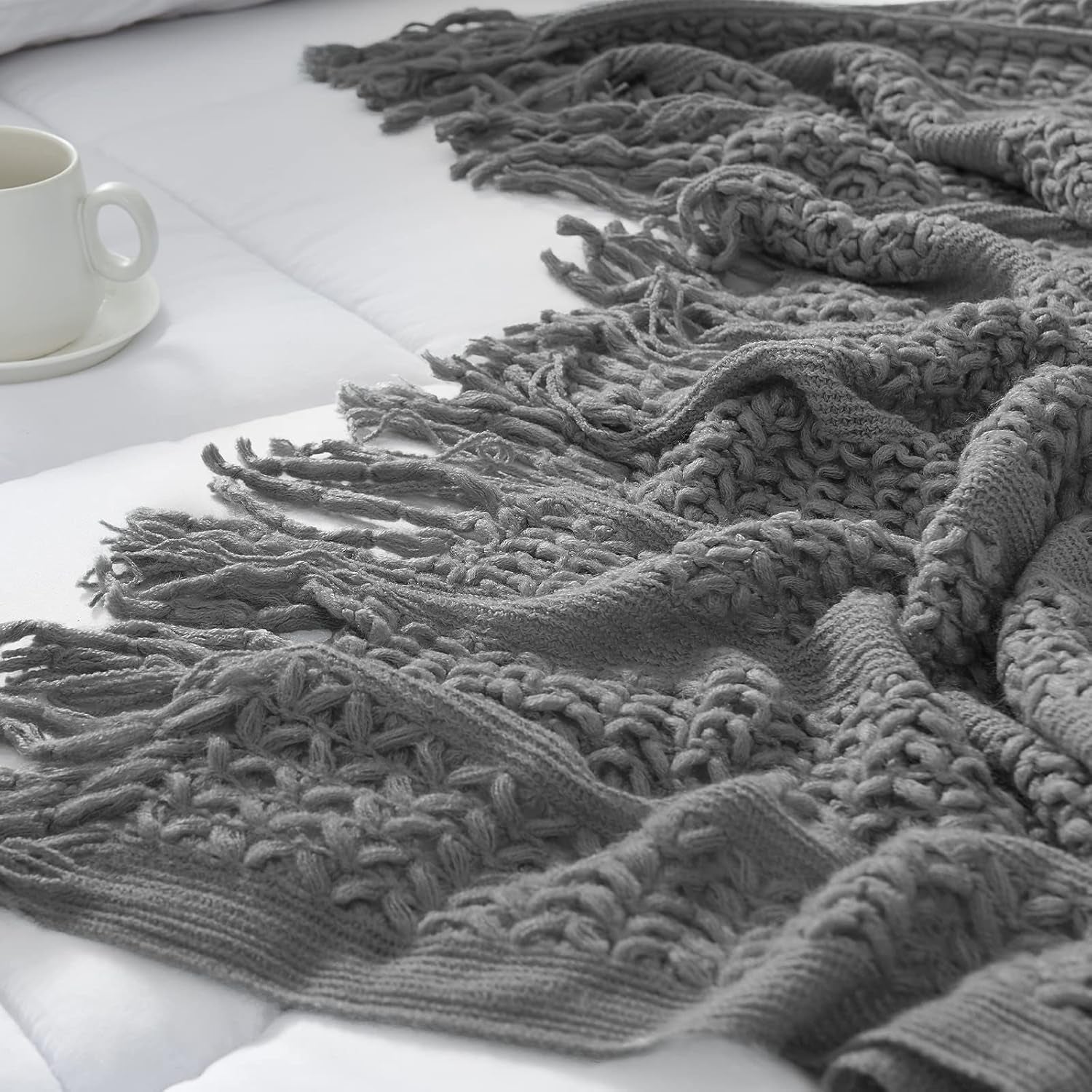 Chunky Cable Knit Throw Blanket for Couch 50"X60" Lightweight Soft Cozy Throw Blanket with Tassels Grey Decorative Throws for Modern Farmhouse Living Room Bedroom Accent Throw for Gifts