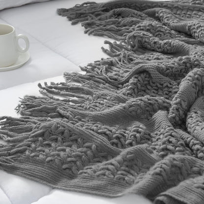 Chunky Cable Knit Throw Blanket for Couch 50"X60" Lightweight Soft Cozy Throw Blanket with Tassels Grey Decorative Throws for Modern Farmhouse Living Room Bedroom Accent Throw for Gifts