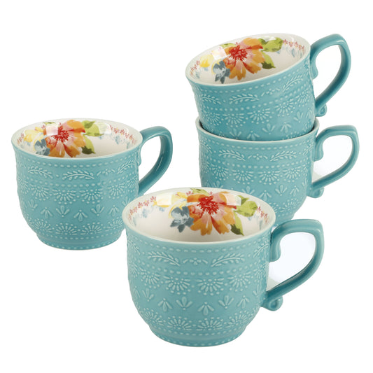 Wildflower Whimsy Blue Ceramic 18-Ounce Mugs, 4-Pack