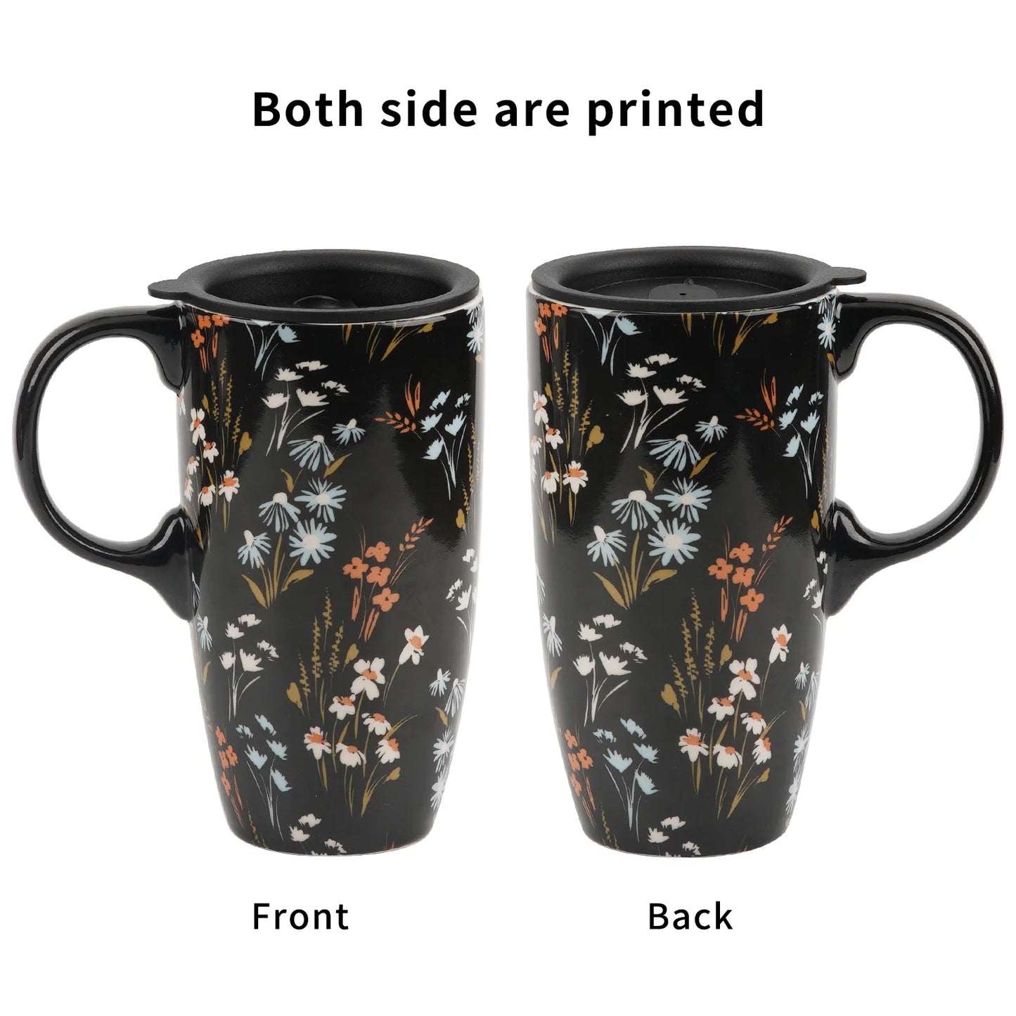 Tall Ceramic Mugs 17 Oz. Coffee Cups Sealed Lid Mug with Color Box, Flowers