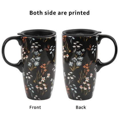 Tall Ceramic Mugs 17 Oz. Coffee Cups Sealed Lid Mug with Color Box, Flowers