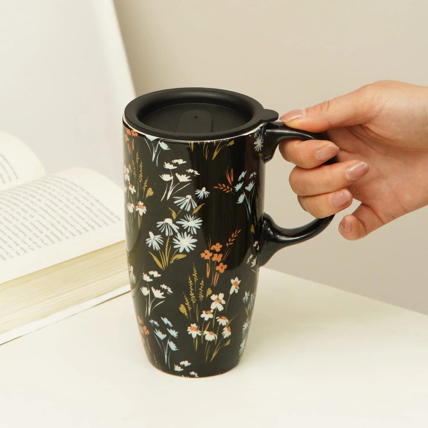 Tall Ceramic Mugs 17 Oz. Coffee Cups Sealed Lid Mug with Color Box, Flowers