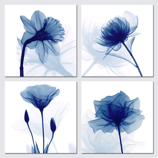 Blue Flickering Flower Modern Abstract Paintings Canvas Wall Art Gallery Wrapped Grace Floral Pictures on Canvas Prints 4 Panels Artwork for Living Room Bedroom Office Home Decorations