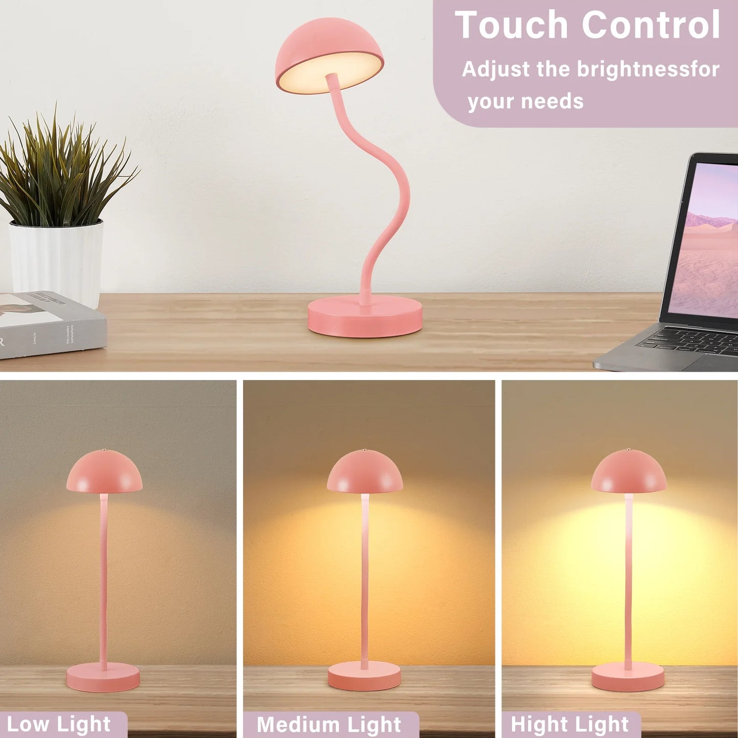 Cordless Table Lamp,Led Rechargeable Mushroom Lamp,Modern Dimmable Touch Gooseneck Desk Lamp Battery Operated Lights for Dorm Office Reading,Pink