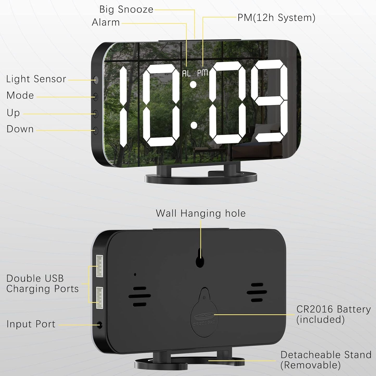 Digital Alarm Clock, Large LED Display, with USB Charger, Snooze Function Dim Mode Wall Hanging beside Desk Clock for Bedroom Black Room Decor