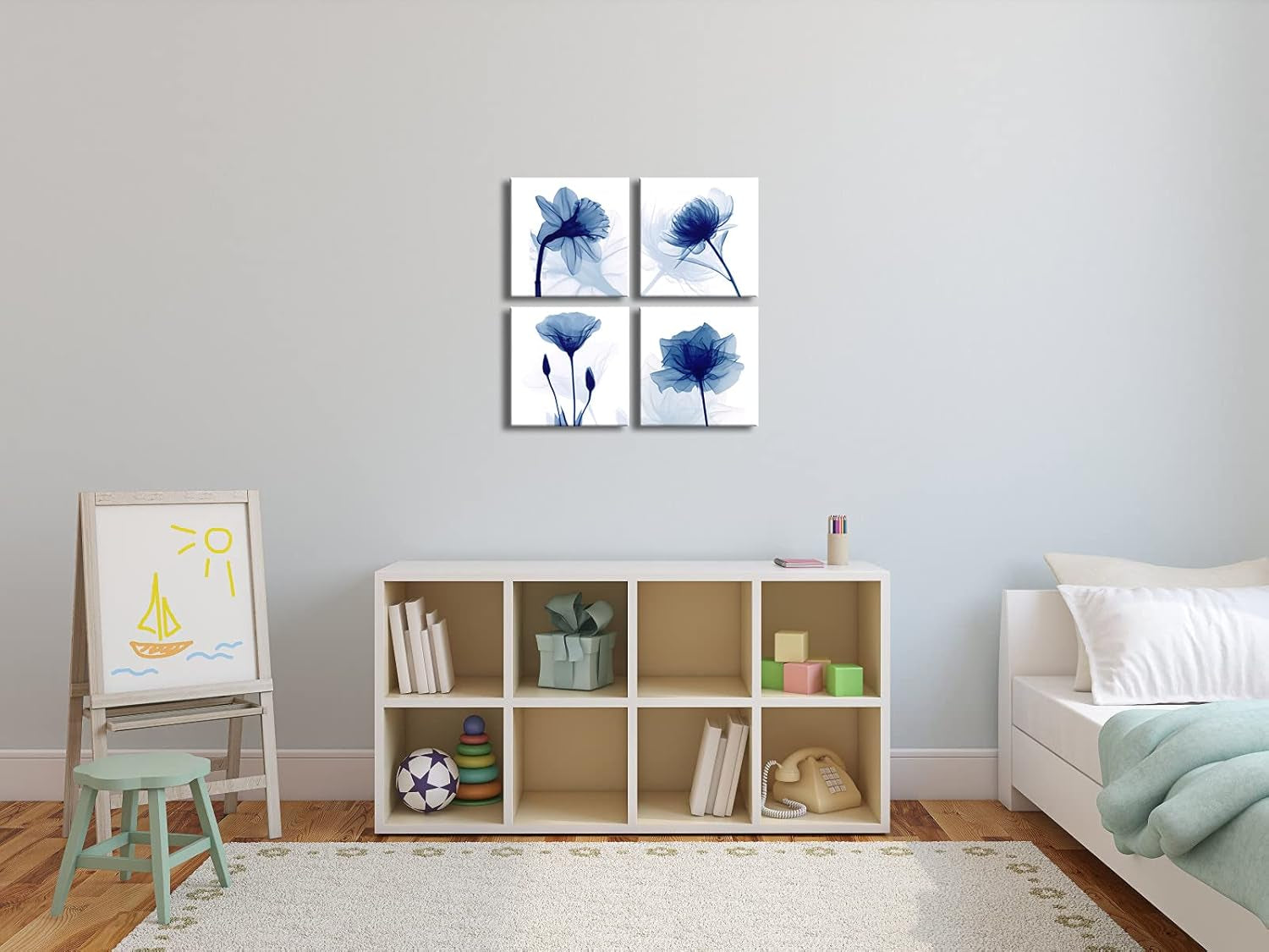 Blue Flickering Flower Modern Abstract Paintings Canvas Wall Art Gallery Wrapped Grace Floral Pictures on Canvas Prints 4 Panels Artwork for Living Room Bedroom Office Home Decorations