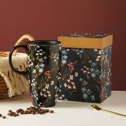 Tall Ceramic Mugs 17 Oz. Coffee Cups Sealed Lid Mug with Color Box, Flowers