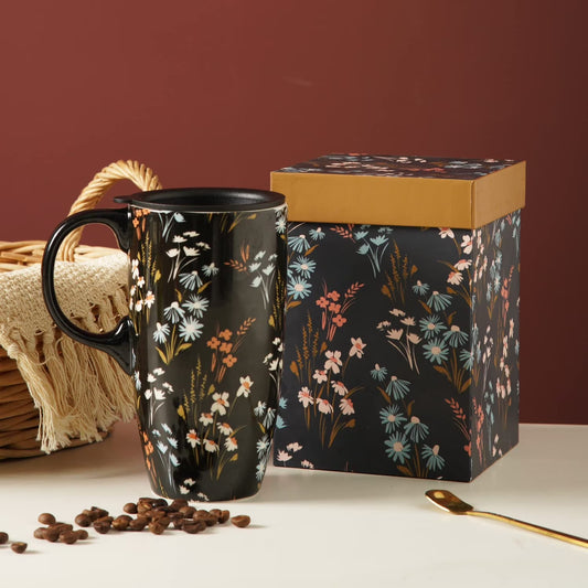 Tall Ceramic Mugs 17 Oz. Coffee Cups Sealed Lid Mug with Color Box, Flowers