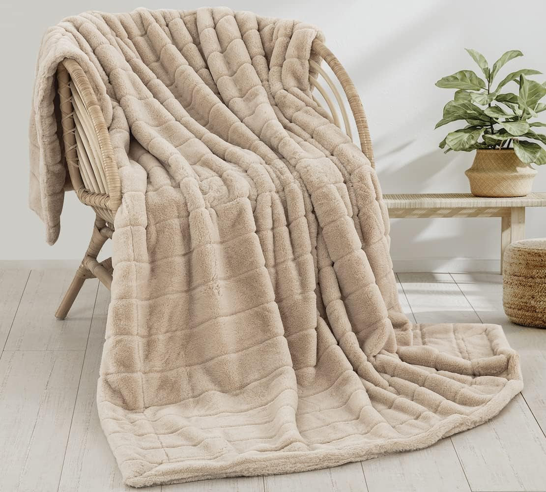 Faux Fur Throw Ultra Soft Double Sided, Fluffy Blanket for Winter Sofa Couch, Cuddly & Warm (50"X 60", Beige)
