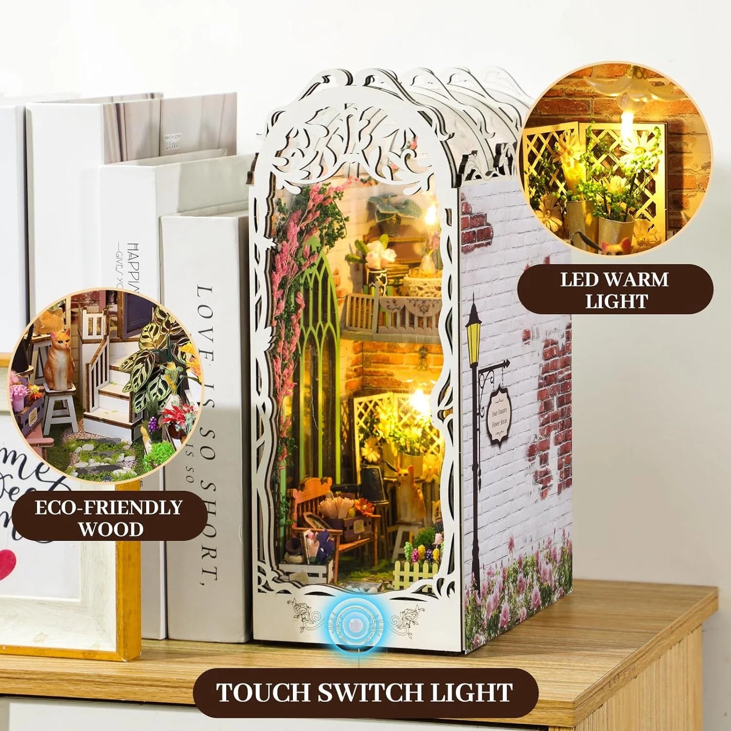 DIY Book Nook Kit - Bookend Diorama with LED - 3D Wooden Puzzle DIY Miniature House Kits - Bookshelf Insert Decor - Booknook Dollhouse Crafts Hobbies Gifts for Adults (Garden House)