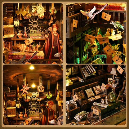 Book Nook Kit, DIY 3D Wooden Puzzle Booknook Bookend Miniature Dollhouse, Book Nook Kits for Adults, Bookshelf Insert Alley Home Decor with LED Light (The House of Magic)