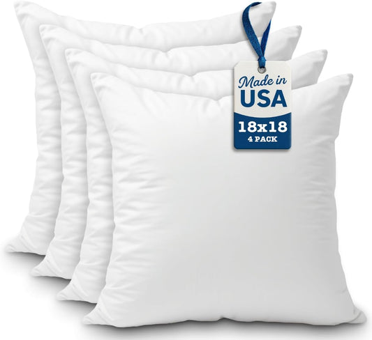 Throw Pillows Insert 18 X 18 Inches (Set of 4) Hypoallergenic, Made in USA - Decorative Couch, Bed Pillow