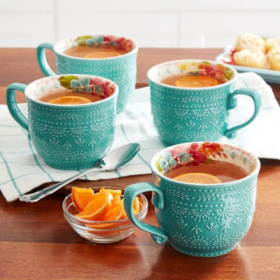 Wildflower Whimsy Blue Ceramic 18-Ounce Mugs, 4-Pack