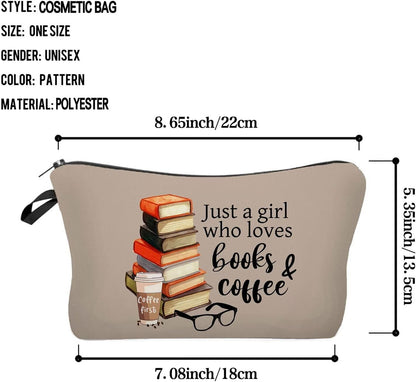 Just Love Books and Coffee Makeup Bag Small Organizer Zipper Pouch Simple Books Coffee Cosmetic Bag Present for Coffee Lovers Bookworms Women