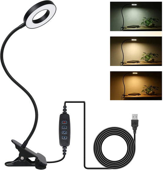 Clip on Light Reading Lights , 48 LED USB Desk Lamp with 3 Color Modes 10 Brightness, Flexible USB Clamp Bedside Lamp, Eye Caring Book Light for Studying/Working/Gaming (Black)