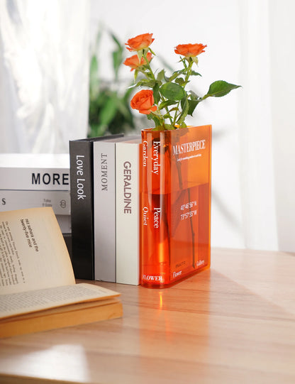 Acrylic Book Vase, Book Vase for Flowers, Chic Clock & Central Park Coordinates, Book Shaped Vase Flower Vases Decorative Aesthetic Room Decor - Orange