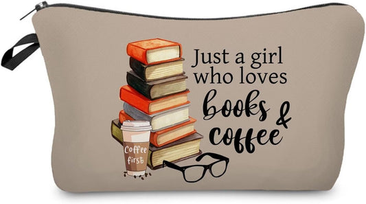 Just Love Books and Coffee Makeup Bag Small Organizer Zipper Pouch Simple Books Coffee Cosmetic Bag Present for Coffee Lovers Bookworms Women