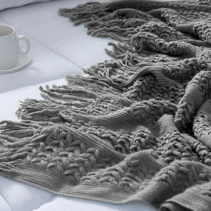 Chunky Cable Knit Throw Blanket for Couch 50"X60" Lightweight Soft Cozy Throw Blanket with Tassels Grey Decorative Throws for Modern Farmhouse Living Room Bedroom Accent Throw for Gifts