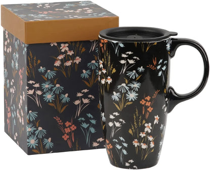 Tall Ceramic Mugs 17 Oz. Coffee Cups Sealed Lid Mug with Color Box, Flowers
