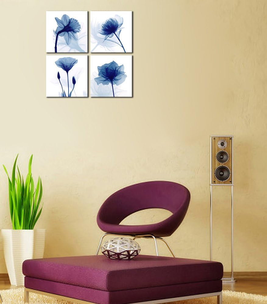 Blue Flickering Flower Modern Abstract Paintings Canvas Wall Art Gallery Wrapped Grace Floral Pictures on Canvas Prints 4 Panels Artwork for Living Room Bedroom Office Home Decorations