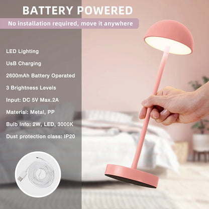 Cordless Table Lamp,Led Rechargeable Mushroom Lamp,Modern Dimmable Touch Gooseneck Desk Lamp Battery Operated Lights for Dorm Office Reading,Pink