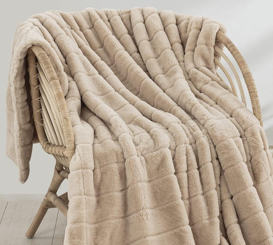 Faux Fur Throw Ultra Soft Double Sided, Fluffy Blanket for Winter Sofa Couch, Cuddly & Warm (50"X 60", Beige)