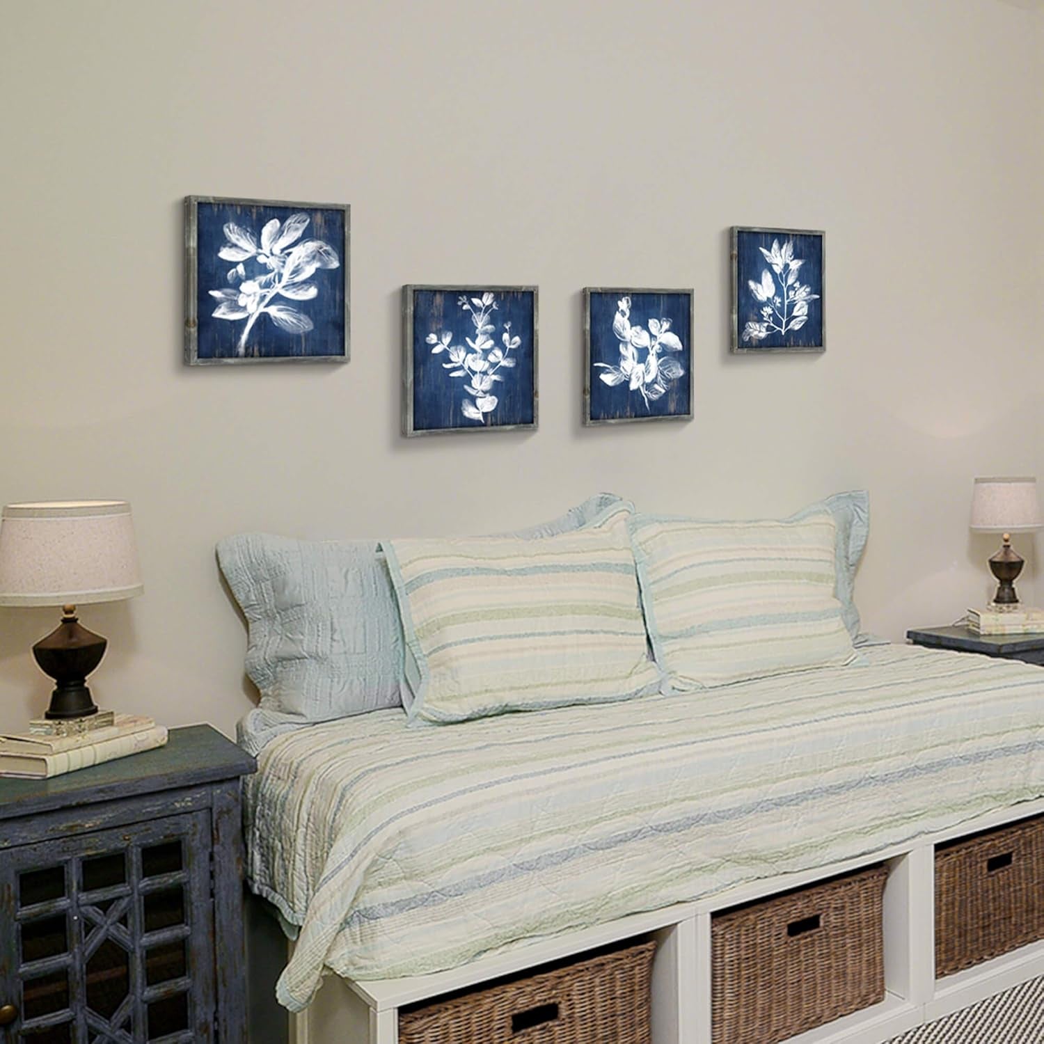 White Botanical Wooden Wall Art: Artistic Plant Leaves Picture Dark Blue Background with Handcrafts Rustic Wood Framed Painting (12 X 12 X 4 Pcs)