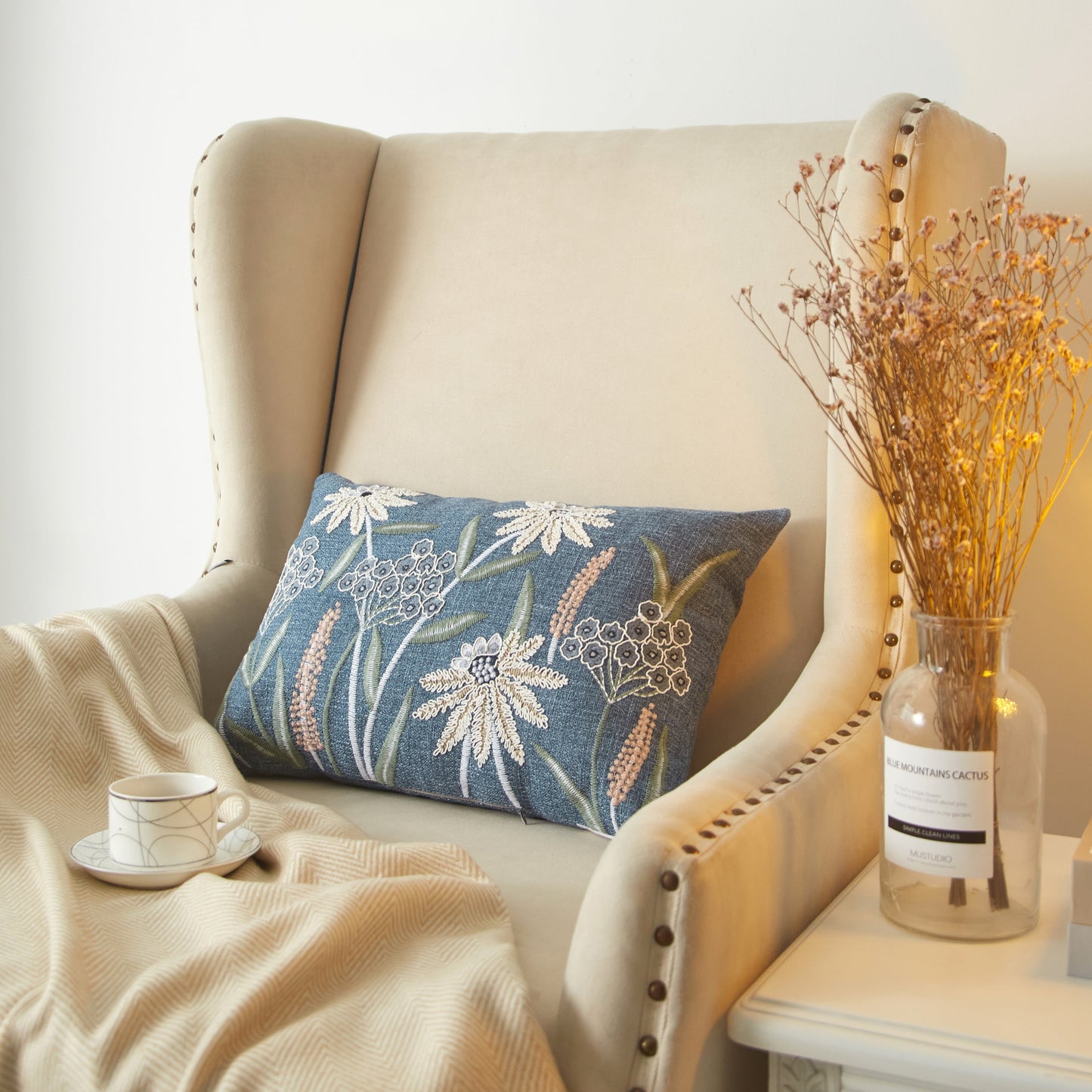 Chambray Embroidered Botanical Decorative Throw Pillow for Adults, 14 X 20