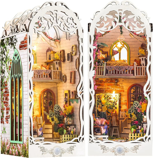 DIY Book Nook Kit - Bookend Diorama with LED - 3D Wooden Puzzle DIY Miniature House Kits - Bookshelf Insert Decor - Booknook Dollhouse Crafts Hobbies Gifts for Adults (Garden House)