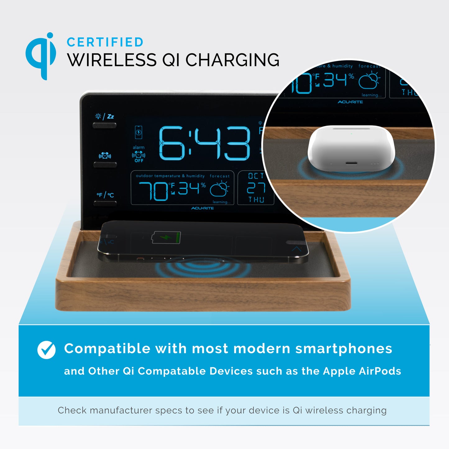Weather Valet Charging Pad Alarm Clock, Black with Walnut Finish
