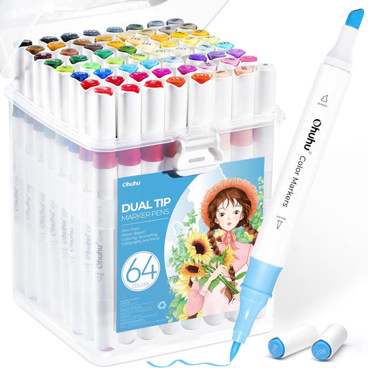 Markers for Adult Coloring Books: 64 Colors Art Markers Dual Brush Chisel Tips D