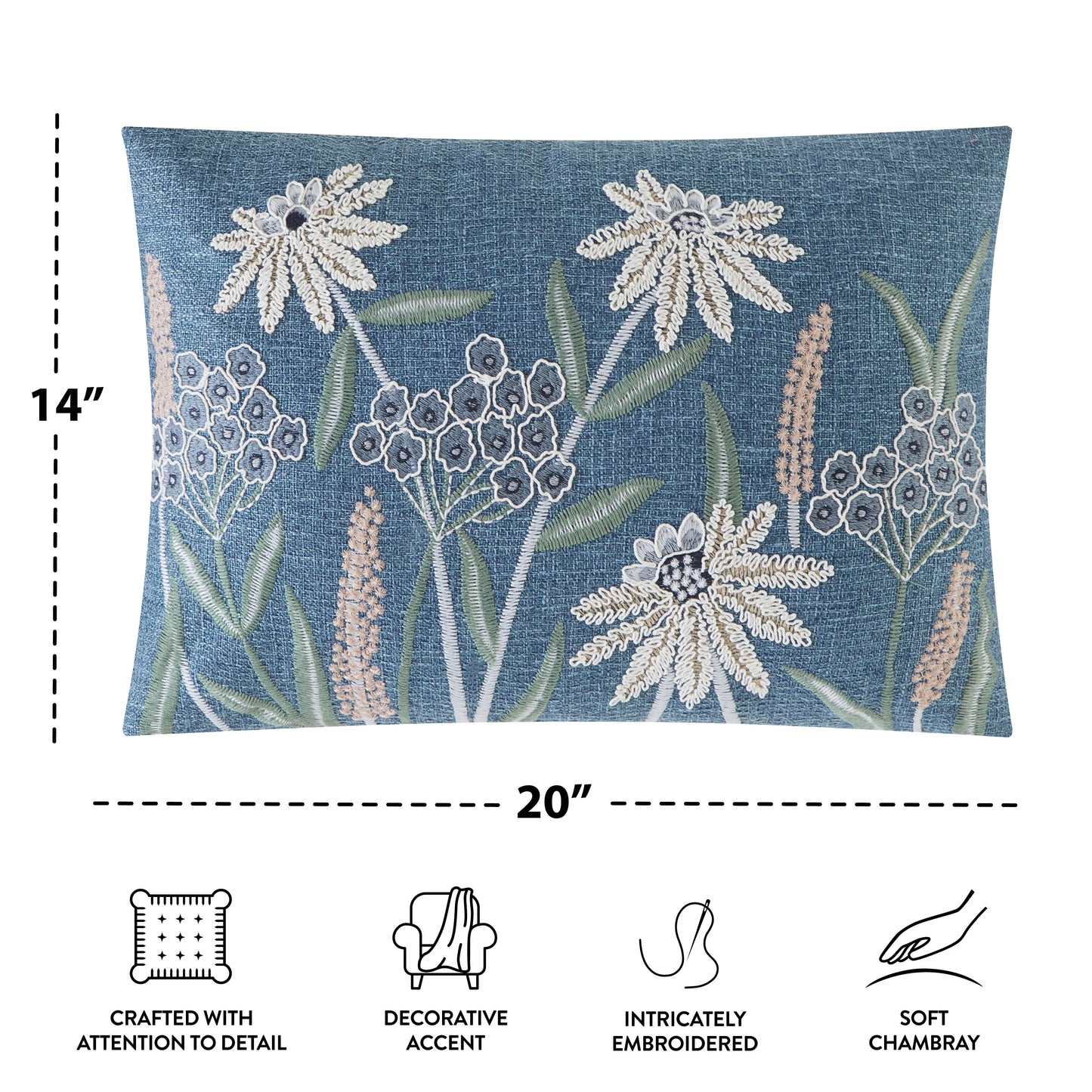 Chambray Embroidered Botanical Decorative Throw Pillow for Adults, 14 X 20