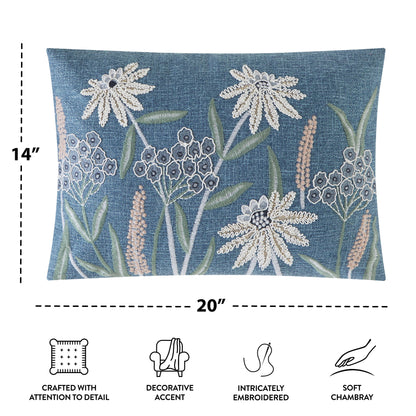 Chambray Embroidered Botanical Decorative Throw Pillow for Adults, 14 X 20