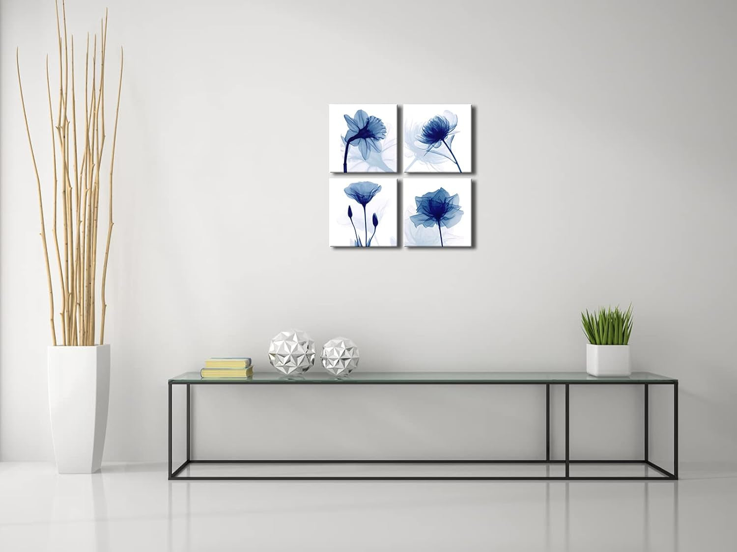 Blue Flickering Flower Modern Abstract Paintings Canvas Wall Art Gallery Wrapped Grace Floral Pictures on Canvas Prints 4 Panels Artwork for Living Room Bedroom Office Home Decorations