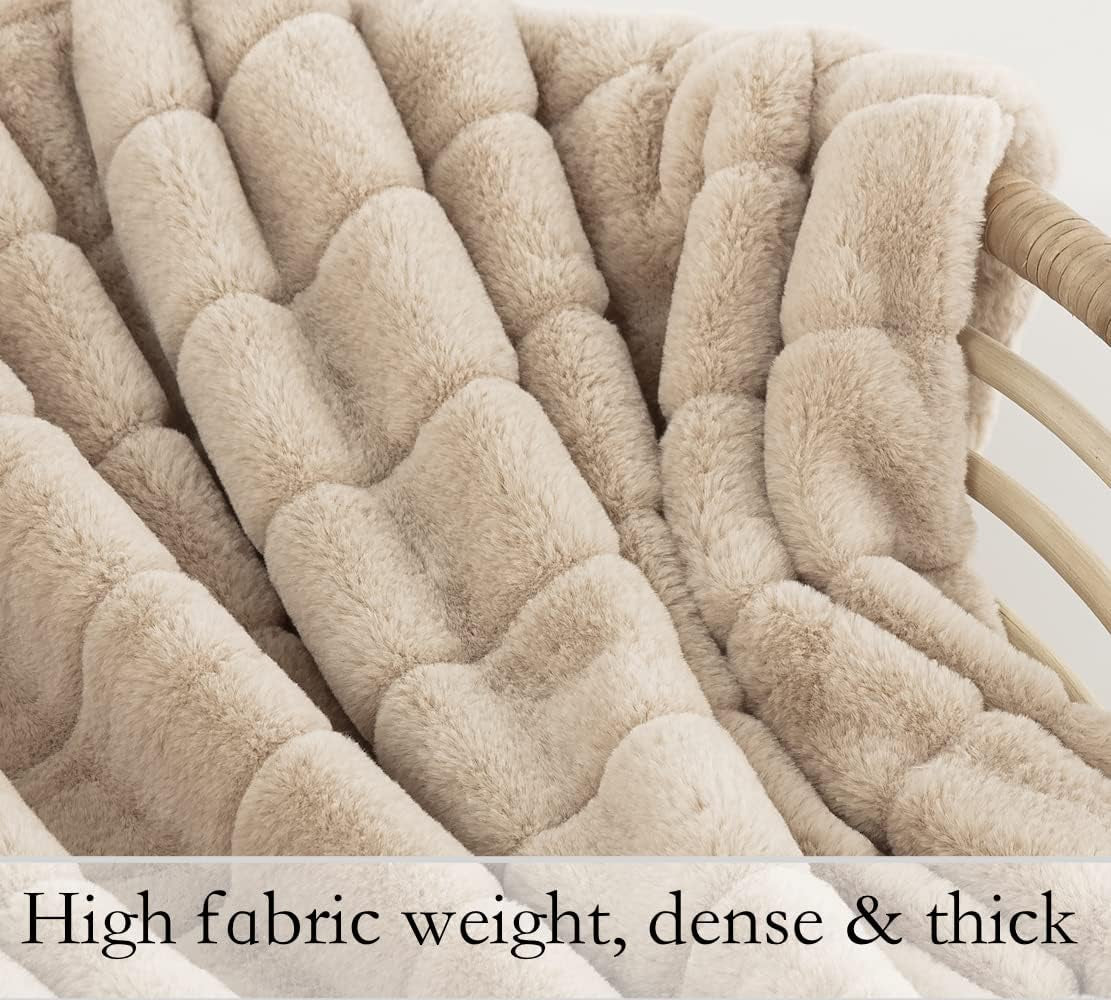 Faux Fur Throw Ultra Soft Double Sided, Fluffy Blanket for Winter Sofa Couch, Cuddly & Warm (50"X 60", Beige)