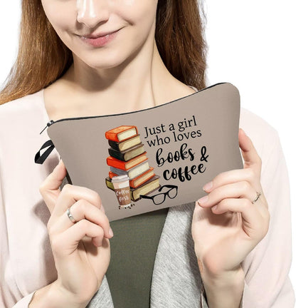Just Love Books and Coffee Makeup Bag Small Organizer Zipper Pouch Simple Books Coffee Cosmetic Bag Present for Coffee Lovers Bookworms Women