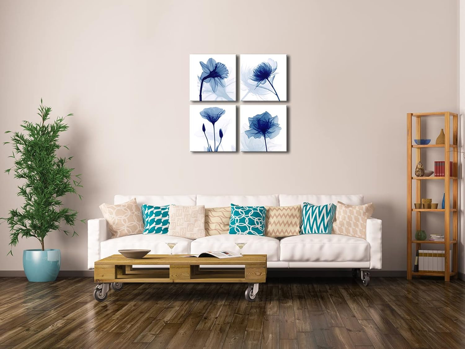 Blue Flickering Flower Modern Abstract Paintings Canvas Wall Art Gallery Wrapped Grace Floral Pictures on Canvas Prints 4 Panels Artwork for Living Room Bedroom Office Home Decorations