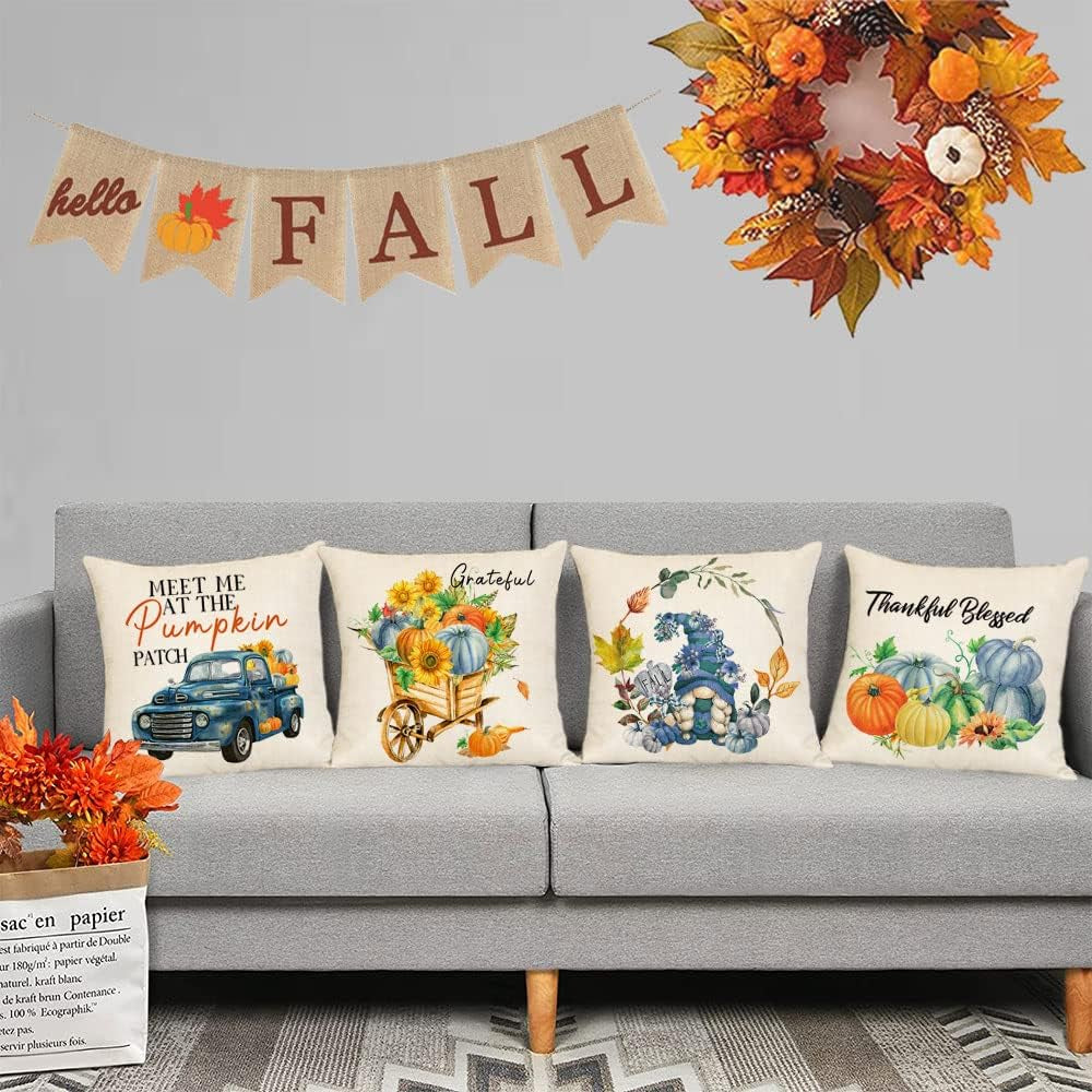 Fall Pillow Covers 20X20 Set of 4 Thanksgiving Autumn Decorative Pillow Covers Blue Fall Pumpkin Gnome Truck Cushion Covers Pillow Cases for Home Outdoor Couch Sofa Decorations (20 Inch)