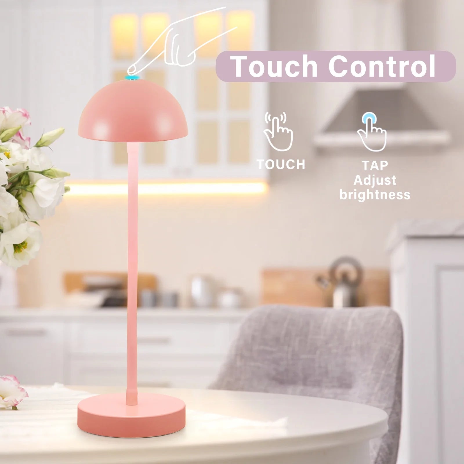 Cordless Table Lamp,Led Rechargeable Mushroom Lamp,Modern Dimmable Touch Gooseneck Desk Lamp Battery Operated Lights for Dorm Office Reading,Pink