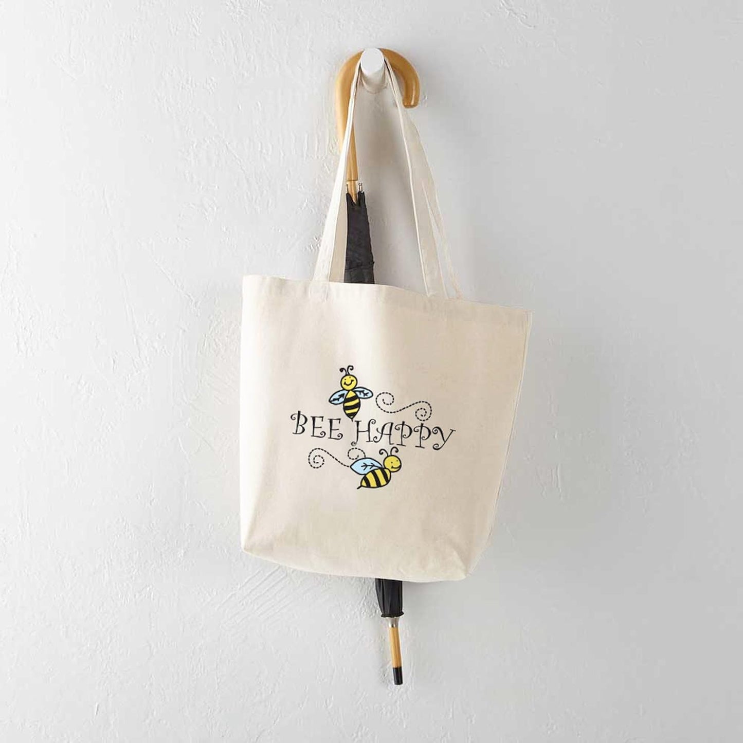Bee Happy Tote Bag Natural Canvas Tote Bag, Reusable Shopping Bag