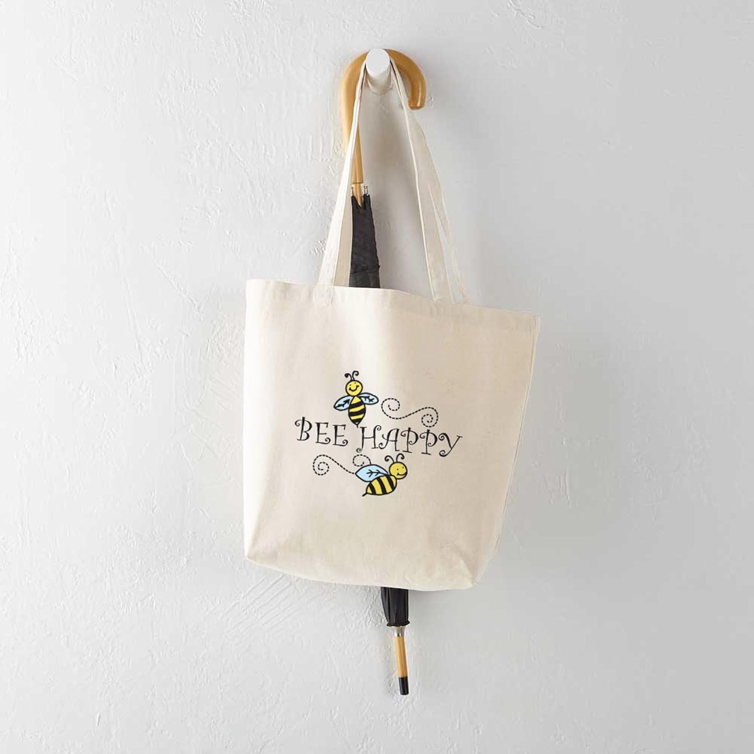 Bee Happy Tote Bag Natural Canvas Tote Bag, Reusable Shopping Bag