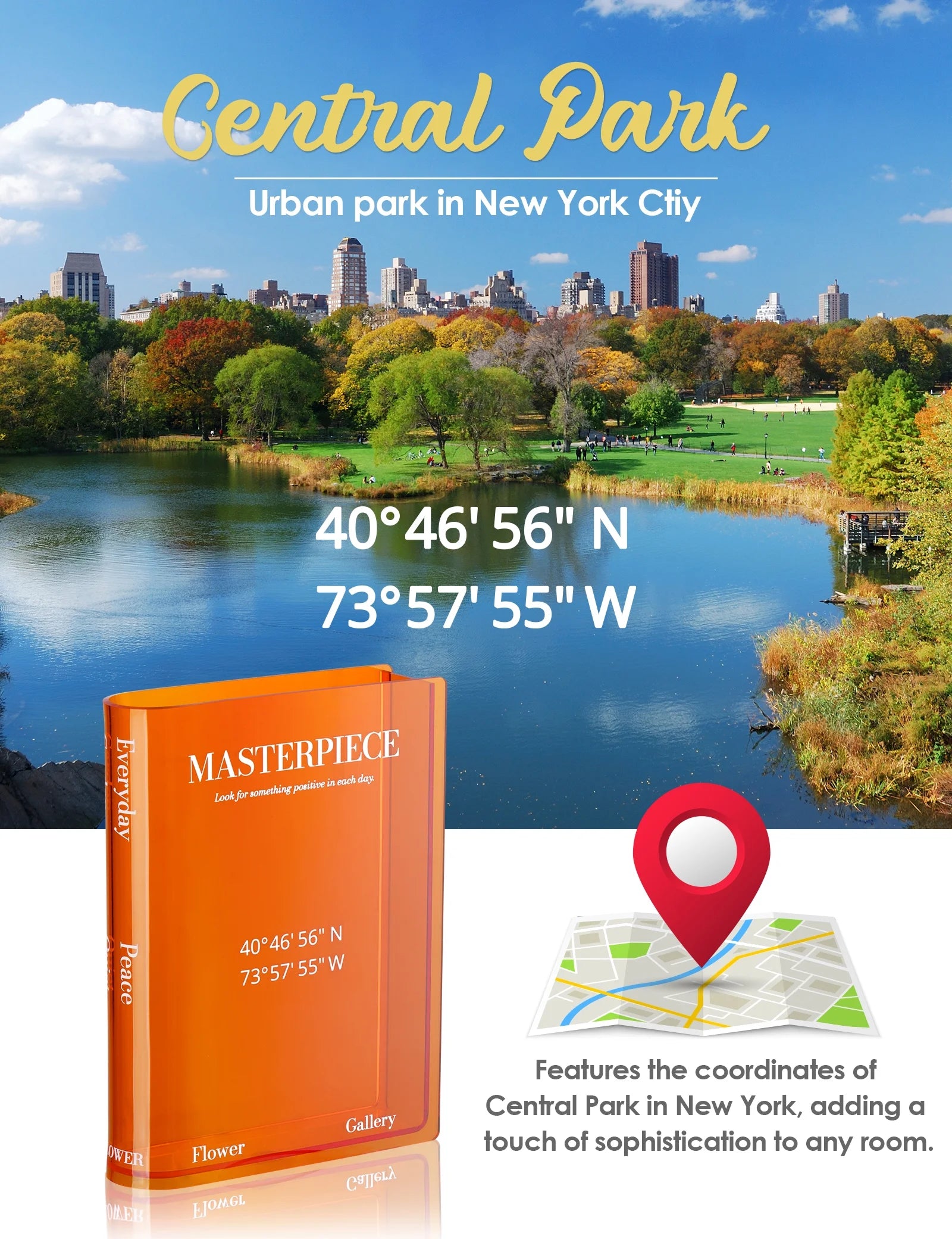 Acrylic Book Vase, Book Vase for Flowers, Chic Clock & Central Park Coordinates, Book Shaped Vase Flower Vases Decorative Aesthetic Room Decor - Orange
