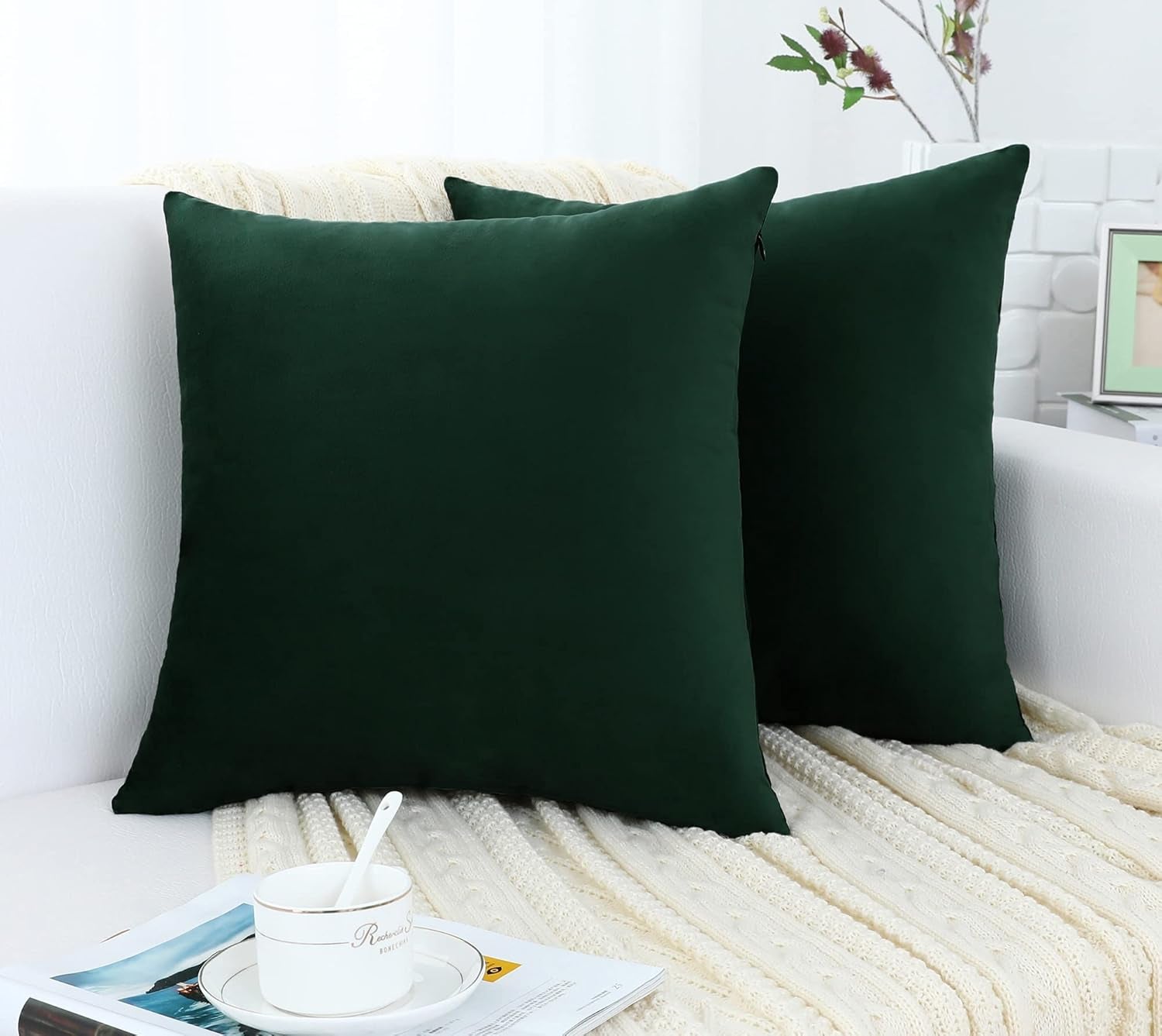 Set of 2 Comfy Accent Soft Velvet Throw Pillow Covers for Sofa Couch, Invisible Zipper Decorative Solid Square Cushion Cases for Livingroom Car (16 X 16 Inches, Army Green)