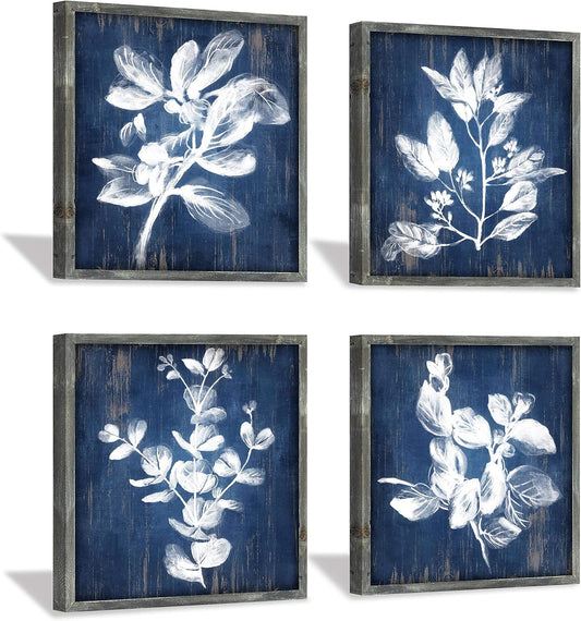White Botanical Wooden Wall Art: Artistic Plant Leaves Picture Dark Blue Background with Handcrafts Rustic Wood Framed Painting (12 X 12 X 4 Pcs)