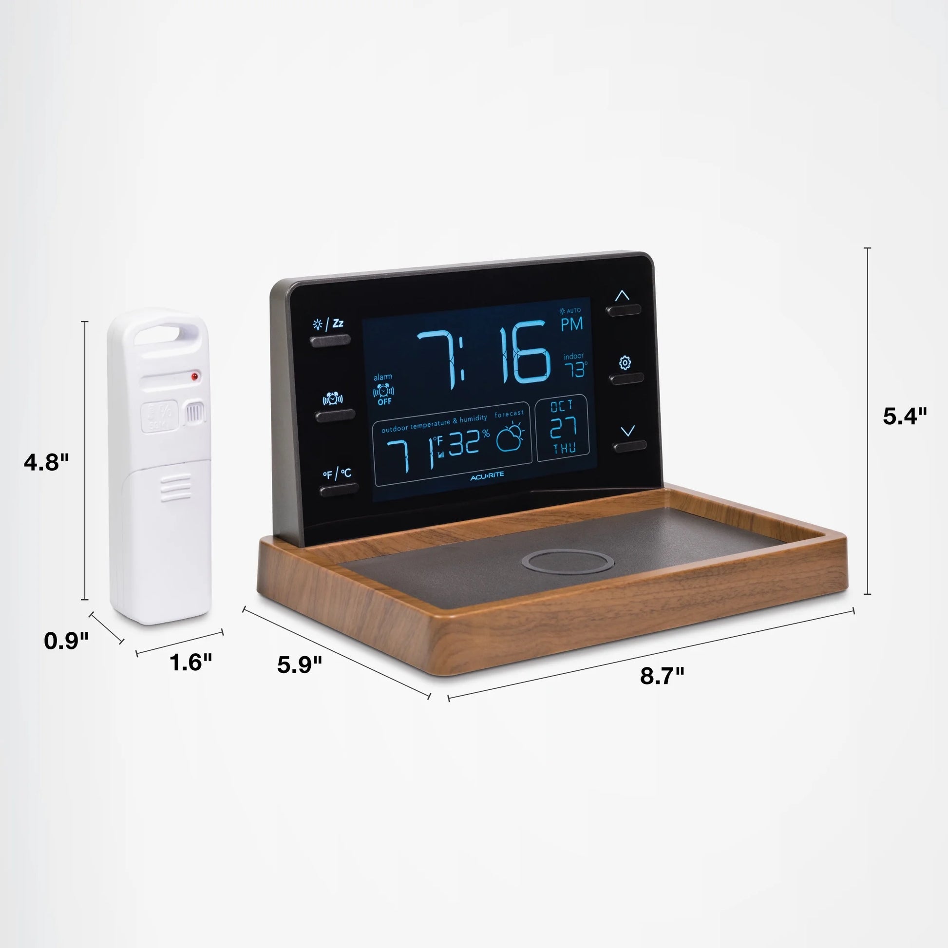 Weather Valet Charging Pad Alarm Clock, Black with Walnut Finish